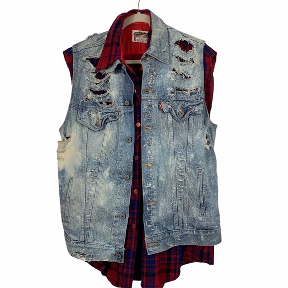 Levis Denim Vest Red Plaid Shirt 